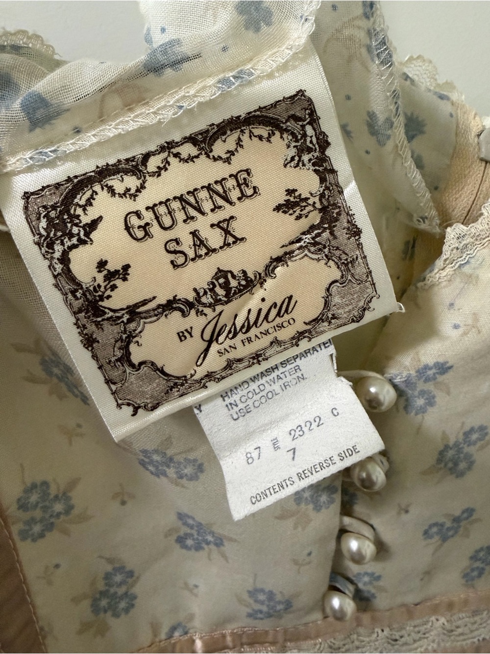 Gunne Sax Vintage Floral Tiered Maxi Sundress Lace Trim Boho Cream Beige Size 7 - Picture 3 of 14